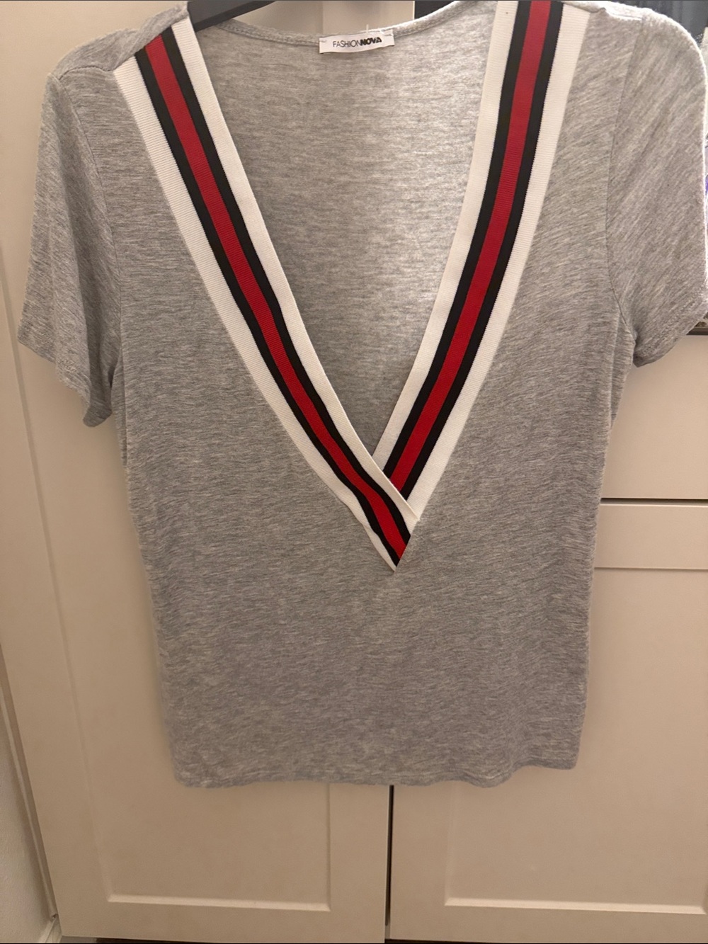 Fashion Nova Gray Short-Sleeve Deep V-Neck Tee with Red and Black Stripe Trim